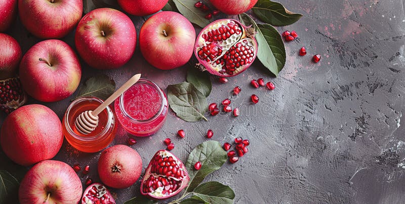 Rosh hashanah żydowski nowy rok wakacje koncepcja tradycyjne symbole jar miód jabłka granat ilustracji