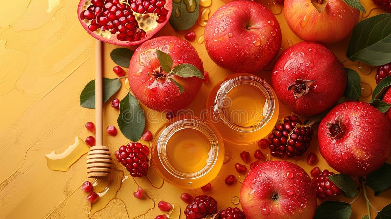 Rosh hashanah żydowski nowy rok wakacje koncepcja tradycyjne symbole jar miód jabłka granat ilustracja wektor