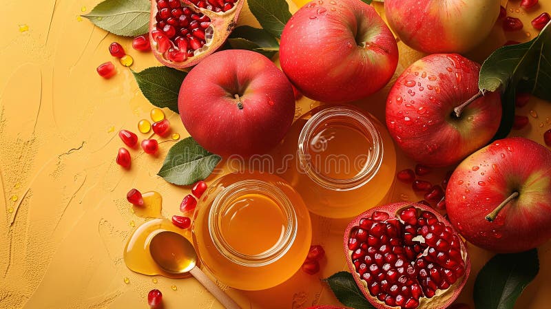 Rosh hashanah żydowski nowy rok wakacje koncepcja tradycyjne symbole jar miód jabłka granat royalty ilustracja