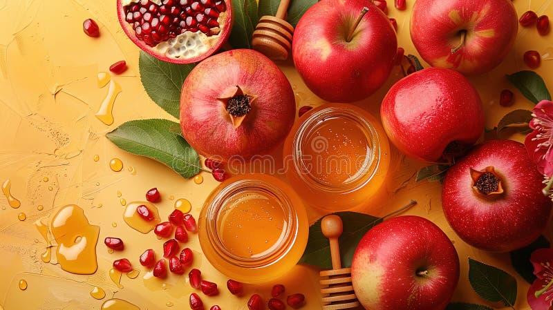 Rosh hashanah żydowski nowy rok wakacje koncepcja tradycyjne symbole jar miód jabłka granat ilustracja wektor
