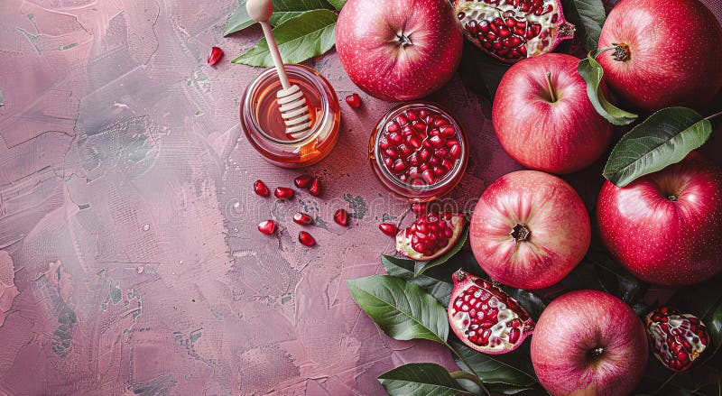 Rosh hashanah żydowski nowy rok wakacje koncepcja tradycyjne symbole jar miód jabłka granat royalty ilustracja