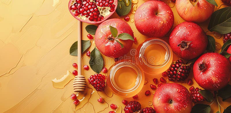 Rosh hashanah żydowski nowy rok wakacje koncepcja tradycyjne symbole jar miód jabłka granat royalty ilustracja