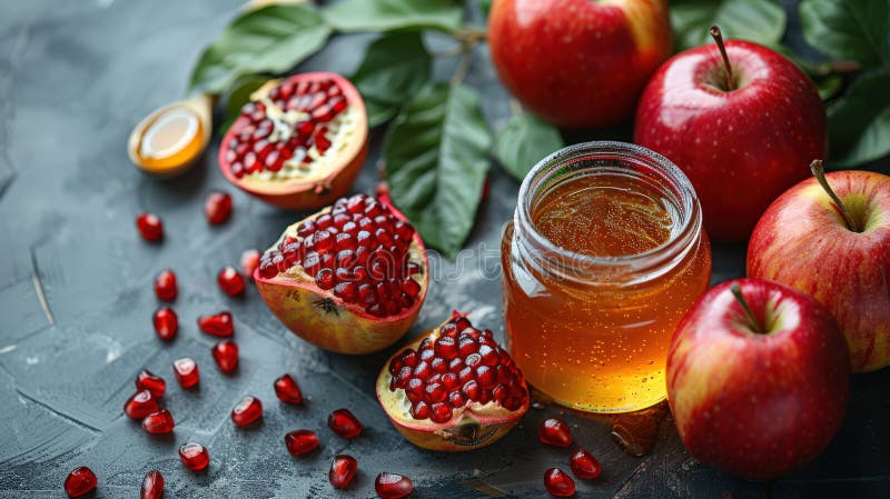 Rosh hashanah żydowski nowy rok wakacje koncepcja tradycyjne symbole jar miód jabłka granat ilustracji