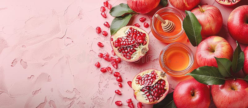 Rosh hashanah żydowski nowy rok wakacje koncepcja tradycyjne symbole jar miód jabłka granat ilustracji
