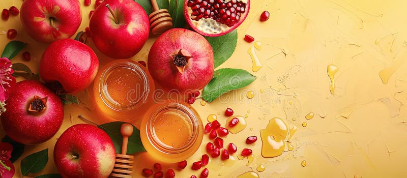 Rosh hashanah żydowski nowy rok wakacje koncepcja tradycyjne symbole jar miód jabłka granat ilustracji