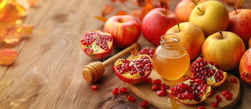 Rosh hashanah żydowski nowy rok wakacje koncepcja tradycyjne symbole jar miód jabłka granat ilustracja wektor