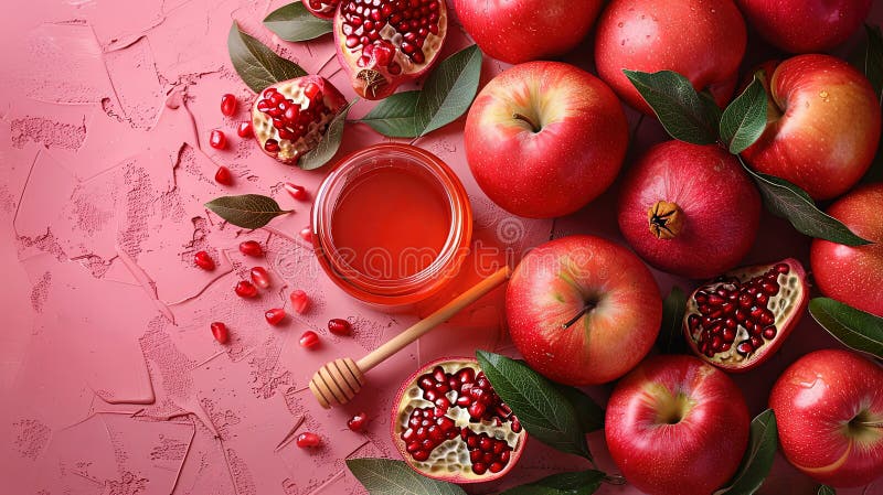 Rosh hashanah żydowski nowy rok wakacje koncepcja tradycyjne symbole jar miód jabłka granat ilustracji