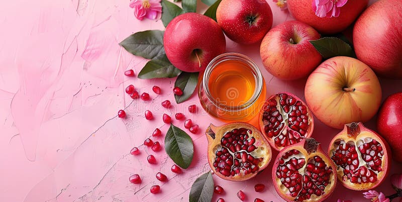 Rosh hashanah żydowski nowy rok wakacje koncepcja tradycyjne symbole jar miód jabłka granat ilustracji