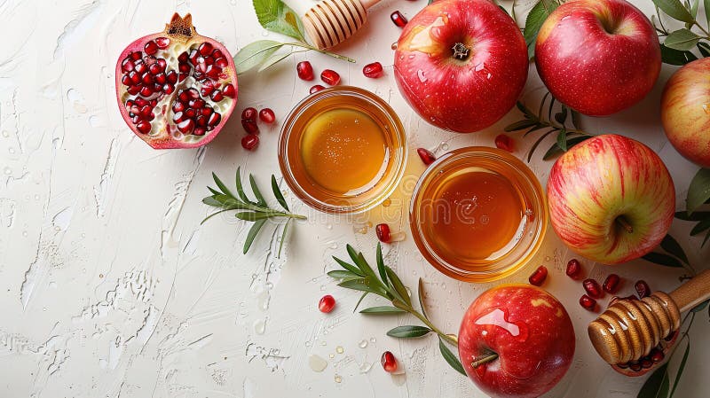 Rosh hashanah żydowski nowy rok wakacje koncepcja tradycyjne symbole jar miód jabłka granat ilustracja wektor