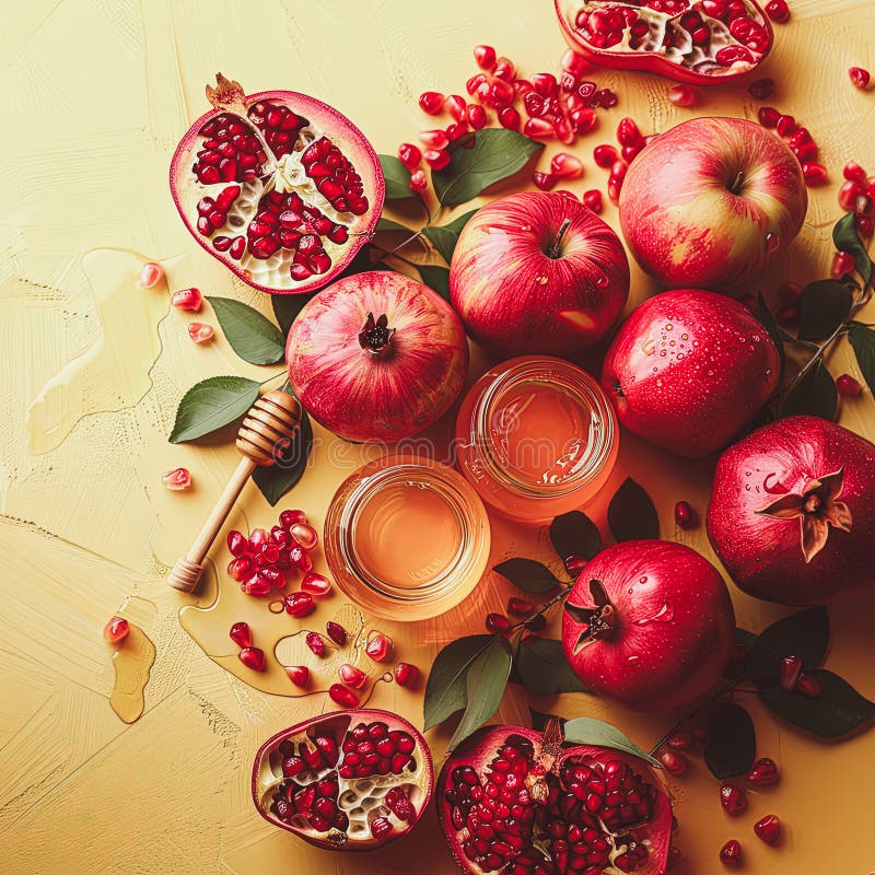 Rosh hashanah żydowski nowy rok wakacje koncepcja tradycyjne symbole jar miód jabłka granat ilustracji
