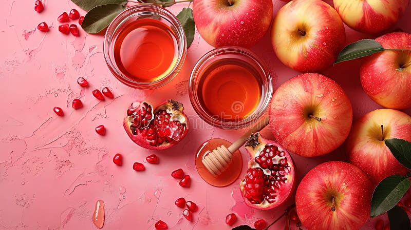 Rosh hashanah żydowski nowy rok wakacje koncepcja tradycyjne symbole jar miód jabłka granat ilustracji