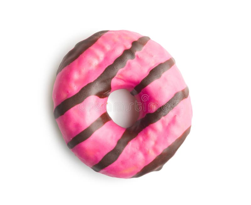Rosquinha cor-de-rosa doce com listras de chocolate isolada sobre fundo branco imagens de stock royalty free