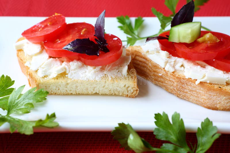 Rostat bröd med ost- och tomatskivor på en platta fotografering för bildbyråer Rostat bröd med ost- och tomatskivor på en platta fotografering för bildbyråer