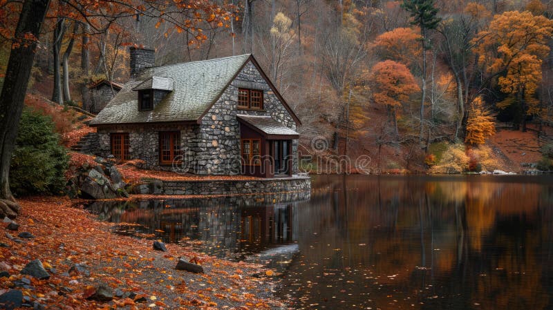 Peaceful lakeside cottage, rustic stone amidst autumn foliage, perfect for reflection. Private retreats. AI generated. Peaceful lakeside cottage, rustic stone amidst autumn foliage, perfect for reflection. Private retreats. AI generated