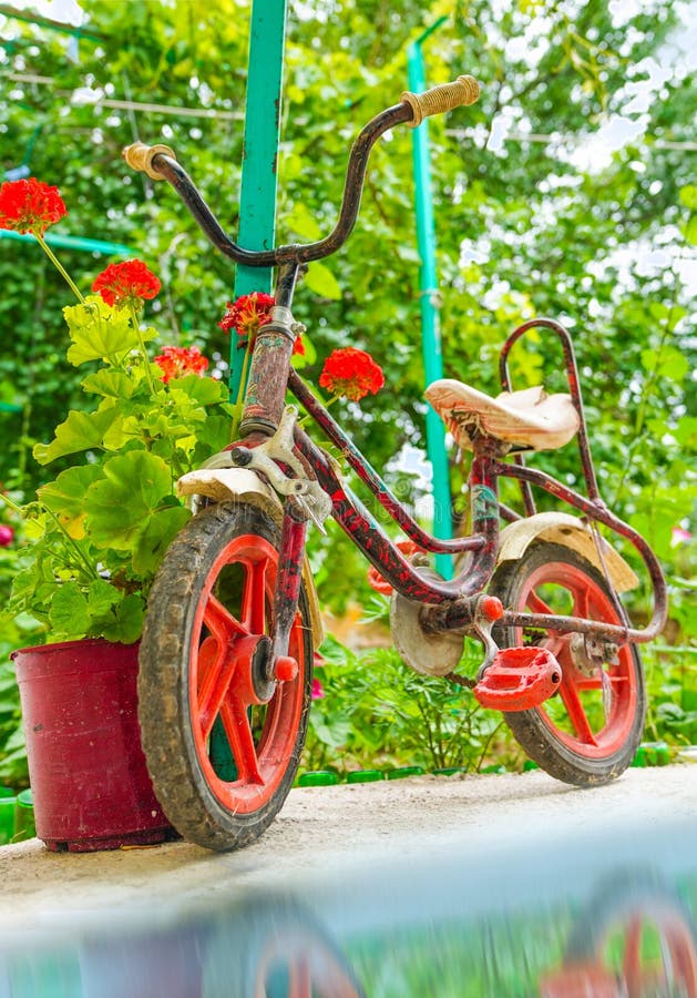 Rostiges Kinderfahrrad in einem Garten mit roten Blumen gerade nahe dem Wasser lizenzfreies stockbild Rostiges Kinderfahrrad in einem Garten mit roten Blumen gerade nahe dem Wasser lizenzfreies stockbild