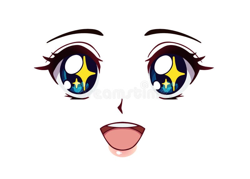 Cara de anime feliz. manga estilo grandes olhos azuis, nariz pequeno e boca  kawaii. mão ilustrações desenhadas.