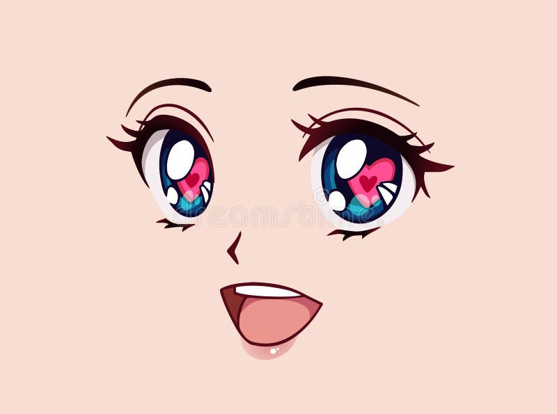 Cara de anime feliz. olhos fechados, mangá, nariz pequeno e boca kawaii.  mão de ilustração vetorial desenhada