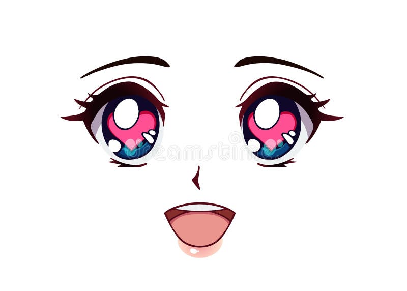 Cara de anime feliz. olhos fechados, mangá, nariz pequeno e boca kawaii.  mão de ilustração vetorial desenhada