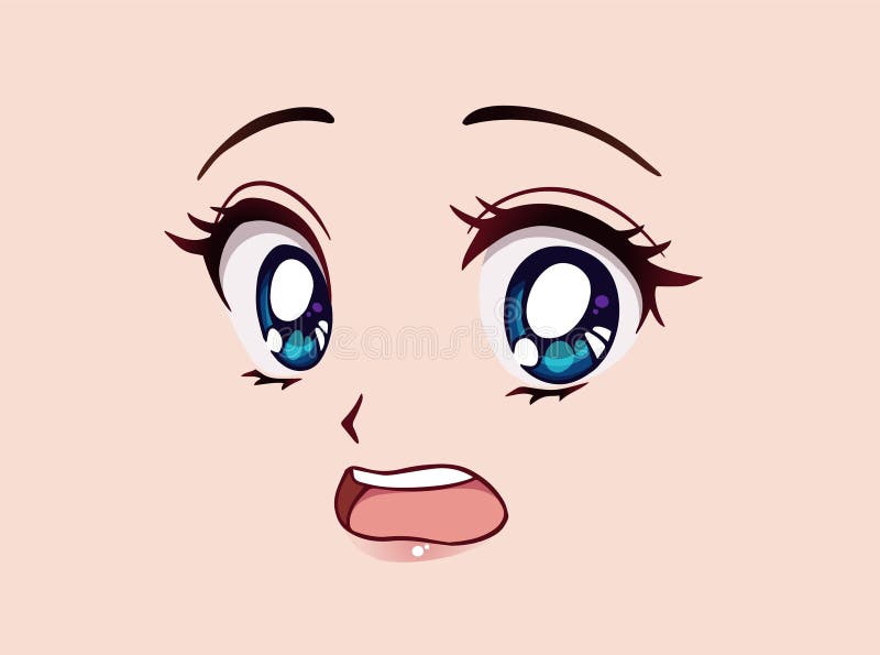 Estilo Animado Olhos Azuis Grandes Nariz Pequeno E Boca Kawaii. Ilustração  do Vetor - Ilustração de bonito, projeto: 176473878