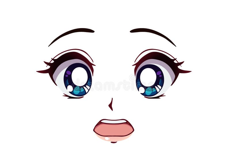 Rosto Animado. Estilo Manga Grandes Olhos Azuis Nariz Pequeno E Boca Kawaii  Ilustração do Vetor - Ilustração de divertimento, assustado: 176475980