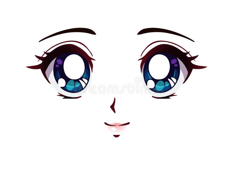 Cara de anime feliz estilo mangá grandes olhos verdes nariz pequeno e boca  kawaii ilustração vetorial desenhada à mão isolada em branco
