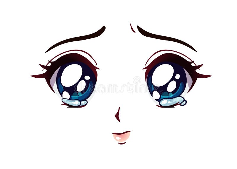 Rosto De Anime Triste. Estilo Manga Grandes Olhos Azuis Ilustração
