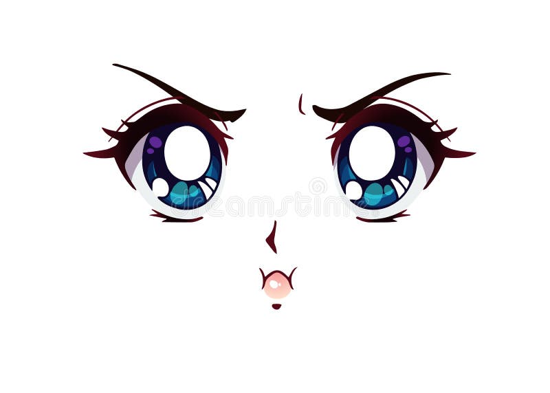 Cara de anime feliz. manga estilo grandes olhos azuis, nariz pequeno e boca  kawaii. mão ilustrações desenhadas.