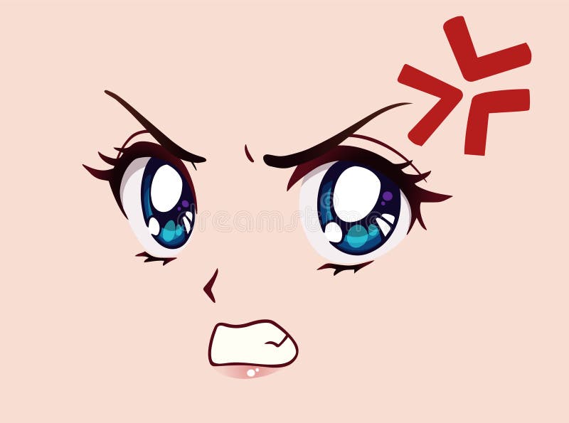 Rosto triste de anime. olhos fechados estilo mangá, nariz pequeno e boca  kawaii. mão-extraídas ilustração dos desenhos animados do vetor.