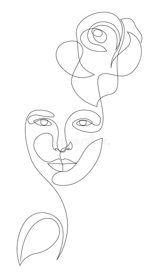 rosto de mulher desenho de linha única com flores arte em linha