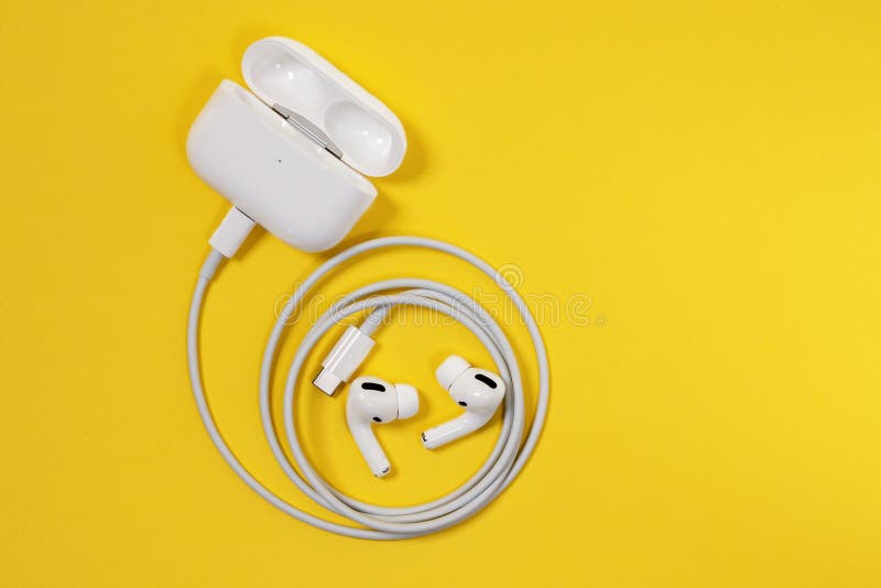 Rostov, Russia - July 06, 2020: Wireless Apple headphones AirPods Pro with soft, flexible silicone tapered tips