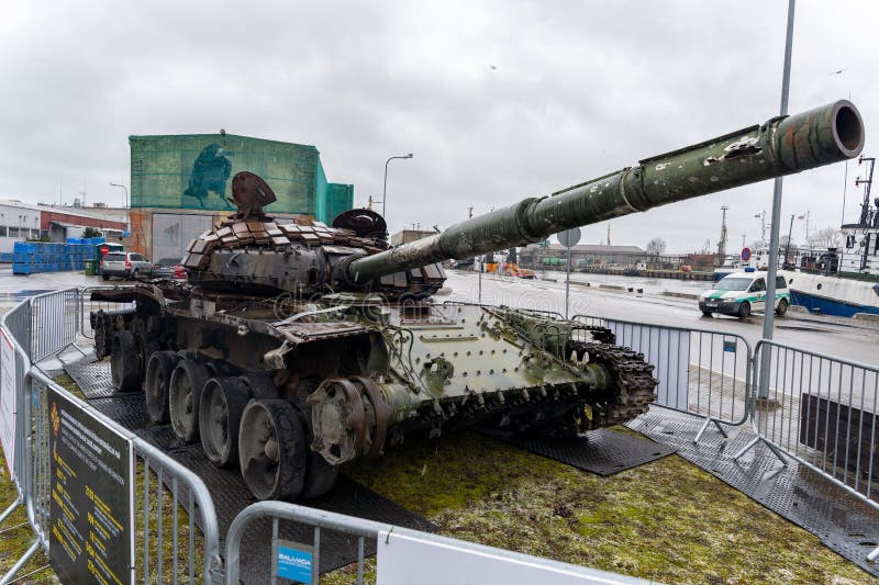 Liepaja, Latvia - 04.01.2023: Russian T-72B tank, destroyed by the Ukrainian army in the spring of 2022 in the battles near Kiev. Liepaja, Latvia - 04.01.2023: Russian T-72B tank, destroyed by the Ukrainian army in the spring of 2022 in the battles near Kiev