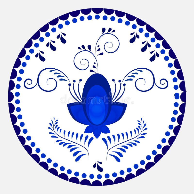 Rosyjski krajowy kółkowy ornament Błękitny kwiecisty wzór w Gzhel ilustracji Rosyjski krajowy kółkowy ornament Błękitny kwiecisty wzór w Gzhel ilustracji