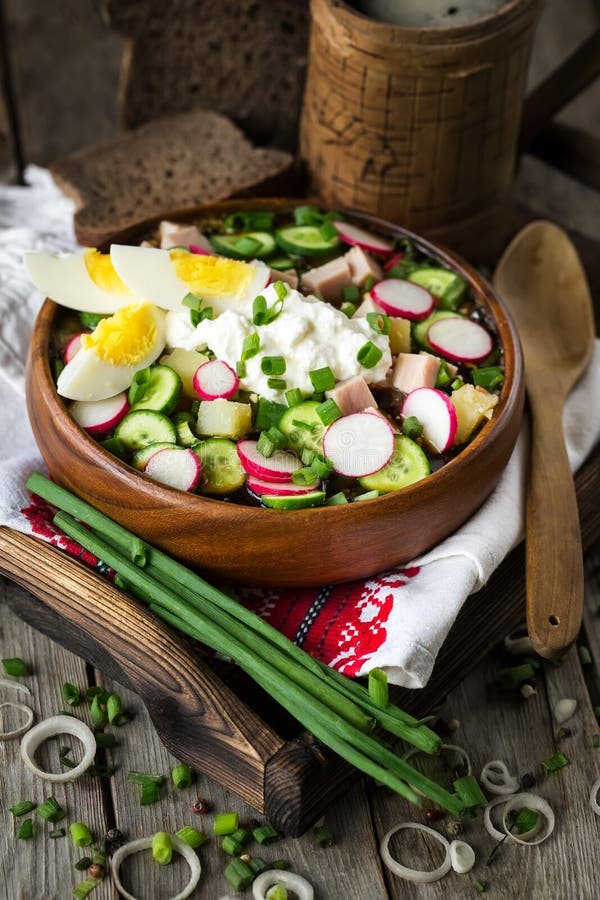 Rosyjski zimny zupny Okroshka obrazy stock