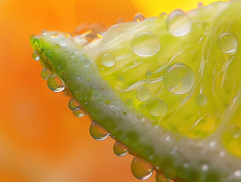 Close-up of water droplets on a vibrant green citrus leaf with an orange background. AI generated. Close-up of water droplets on a vibrant green citrus leaf with an orange background. AI generated