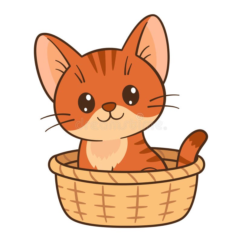 Rot, die Katze sitzt in einem Korb. Cute ginger tabby kitten Flat style Chibi cat stock abbildung