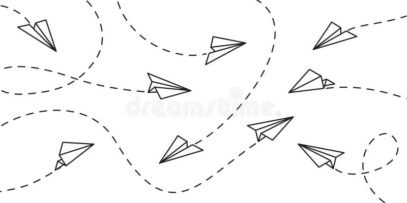 Rota de voo e ponto de destino do avião. planos de papel linhas trash linha traço vetor branco plano de fundo