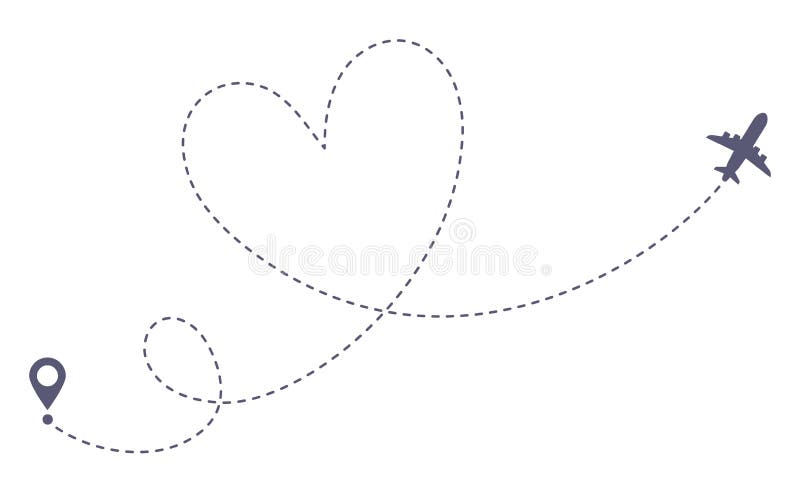 Rota do avião do amor Curso romântico, linha tracejada traço do coração e rotas planas ilustração isolada do vetor