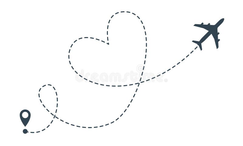 Rota do avião do coração Pino do lugar do voo do coração do avião do vetor, curso e ícone da entrega
