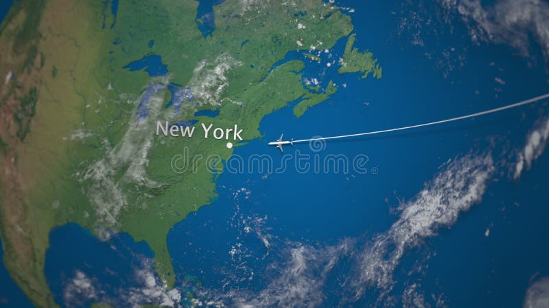 Rota do voo comercial do avião a New York no globo da terra Rendição internacional da viagem 3D ilustração stock Rota do voo comercial do avião a New York no globo da terra Rendição internacional da viagem 3D ilustração stock