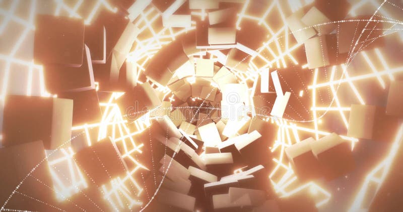 Rotating cubes and glowing grid forming tunnel image vector illustration