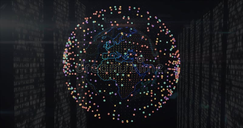 Rotating 3D globe outlining neon continents in data space, orbiting spheres and binary code panels vector illustration
