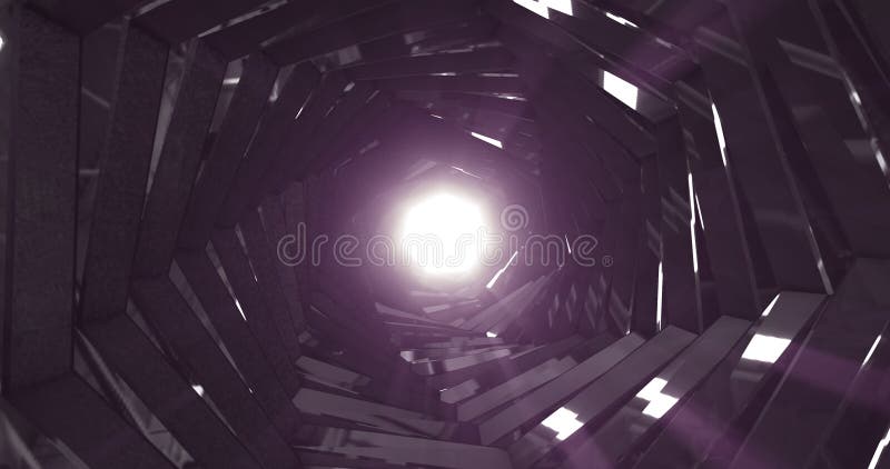 A rotating dark metal tunnel with walls of ribs and lines in the form of a hexagon with reflections of luminous rays. Abstract vector illustration
