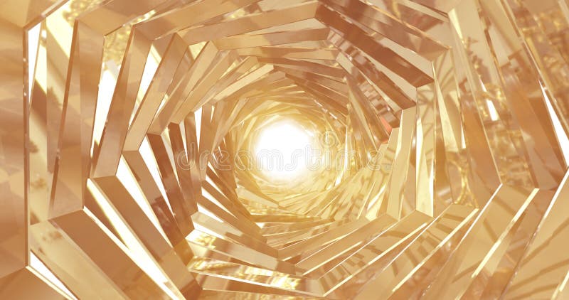 A rotating golden metal tunnel with walls of ribs and lines in the shape of a hexagon with reflections of luminous sunbeams. stock illustration