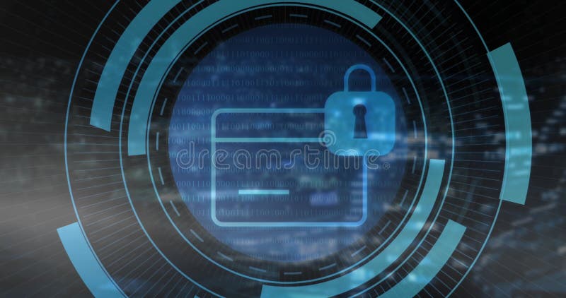 Rotating locked credit card icon in digital tunnel, with padlock symbol and binary code vector illustration