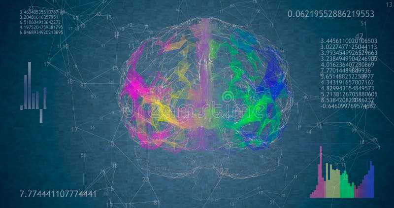 Rotating 360 low polygonal brain 3D model on blue background with animated numbers and diagrams. Rotating 360 low polygonal brain 3D model on blue background animated numbers and diagrams, 3D illustration