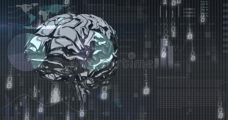 Rotating metallic 3D brain floating in dark grid, with binary code, holographic charts, world map vector illustration