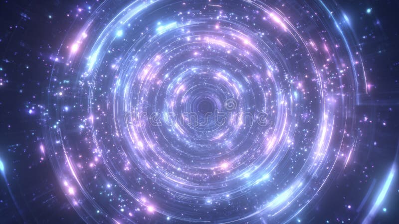 Rotating neon rings and luminous particles forming a portal in center stock photos