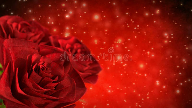 Rotating red roses with bokeh particles - 3D render. seamless loop vector illustration