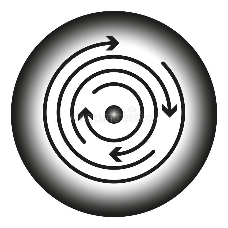 Rotating spiral arrows. Circular motion graphic. Abstract arrow symbol. Gradient black circle. stock illustration