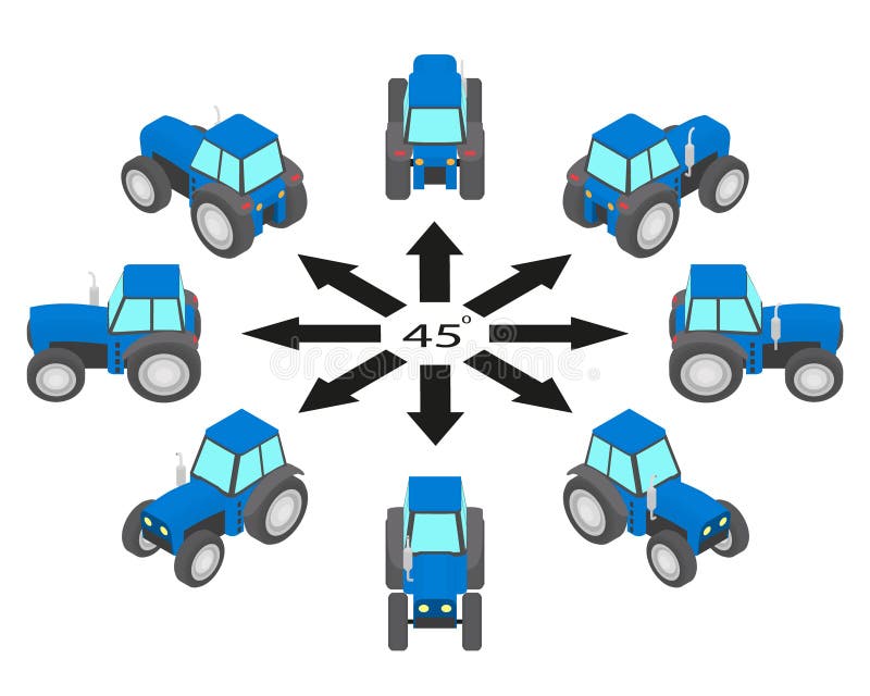 Rotation of Blue Tractor by 45 Degrees. Stock Vector Illustration of